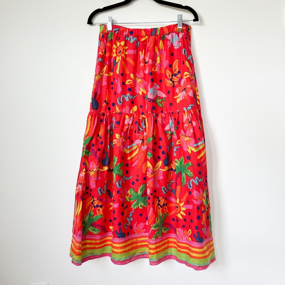 Maison d'Amelie Paris Linen Blend Tropical Tiered Midi Skirt Small Red Multi - Picture 6 of 13
